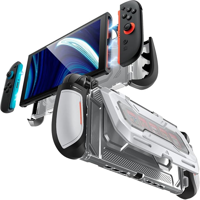 Mumba Dockable for Nintendo Switch 2 Case with Flip Stand, [Titan] Ergonomic Switch 2 Grip Protective Cover Holds 5 Game Cards & 2 TF Cards TPU Accessories and Quick-Release Joy-Con Design (Silver)