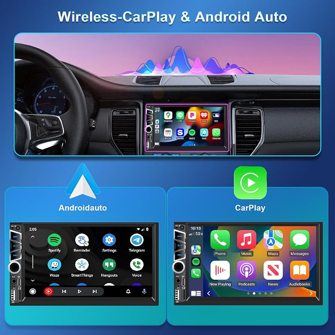 7" Double Din Car Stereo with Wireless Apple CarPlay,Car Radio Build-in Bluetooth 5.2,IPS Touchscreen 1024x600,FM Radio,Backup Camera,Dual USB,Type-C Fast Charging,GPS Navigation,Subwoofer,Car Play