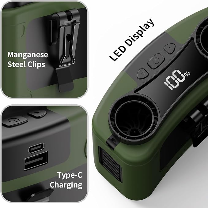Socool 20000mAh Portable Waist Fan Clip on Wearable Belt Personal Fan Rechargeable, 40H Cooling Battery Operated with 10 Speeds & Dual Air Outlets, Neck Fans Hanging for Outdoor Jobsite Camping