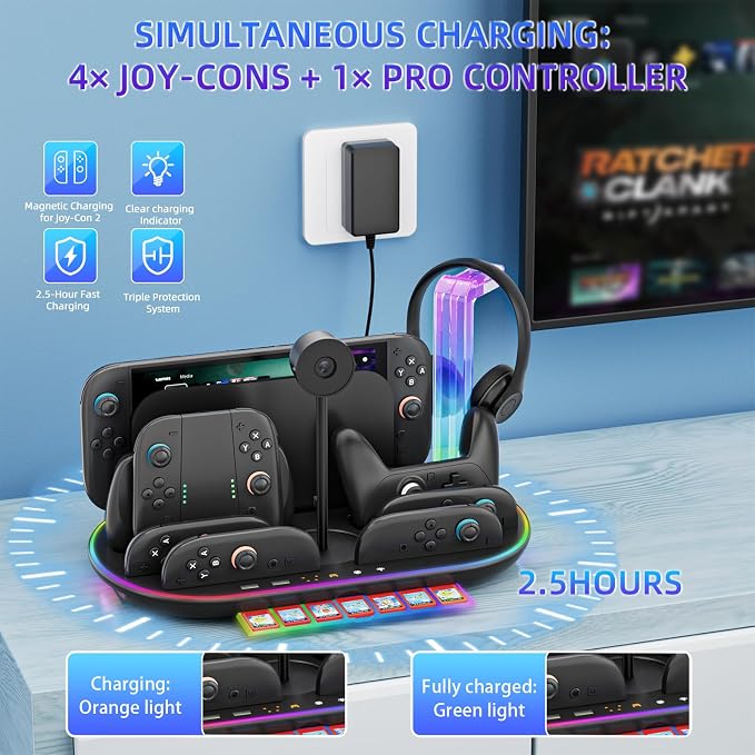 Charging Station for Switch 2 with Cooling Fan DOBEWINGDELOU Controller Charger for JoyCons and Pro Dock Stand with RGB Light 2 USB Ports 7 Game Card Slots LED Indicators