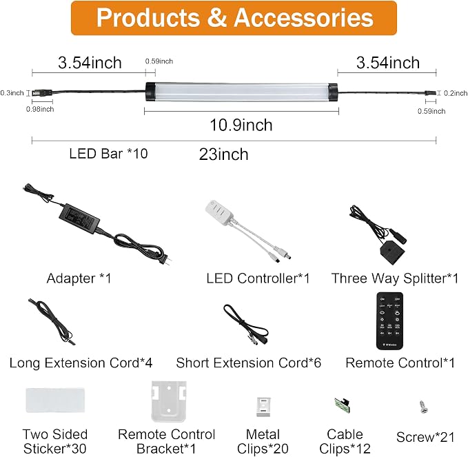 Under Cabinet Lights Kit, LED Smart Dimmable Strip Lighting Fixtures, 24V Plug in Linkable Bar LED Counter Lights for Pantry, Kitchen, Shelf, Bookcases, Showcase (10 PCS, Warm White)