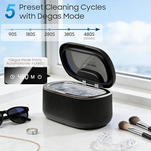 Ultrasonic Jewelry Cleaner, 45kHz Retainer Cleaner Machine for Ring, Silver, Glasses & Denture with 2x100ml Solution, 3 Power & 5 Timer, 304 Stainless Steel Tank, Sonic Cleaner for Home, Jewelry Store | 45kHz ultrasonic jewelry cleaner with 3 power lev...