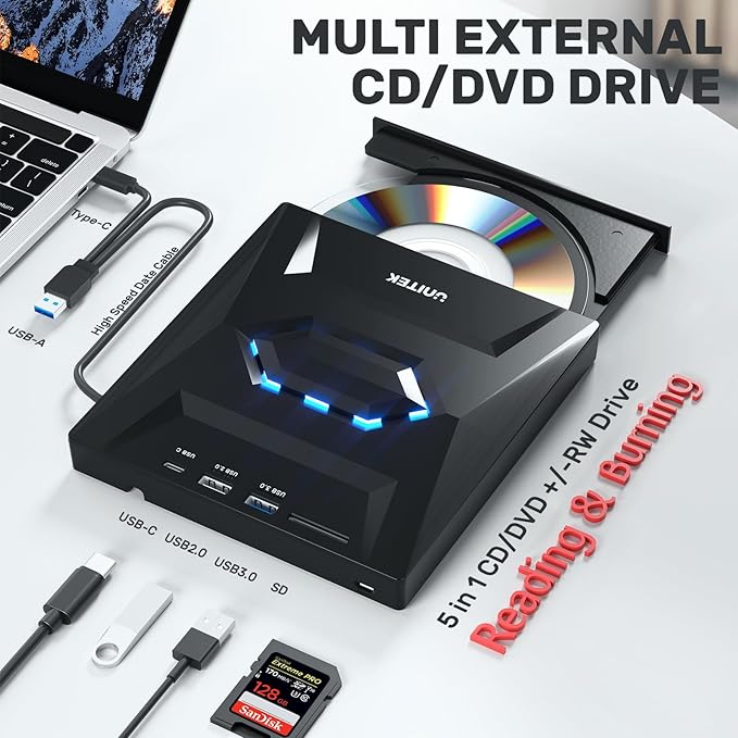 Unitek External CD DVD Drive, USB 3.0 Type-C Portable CD/DVD +/-RW Drive/DVD Player with SD Card Reader USB 3.0 USB C Hub CD ROM Burner Compatible for Laptop Desktop PC Mac Windows 11/10/8/7 Linux