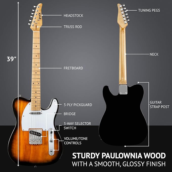 LyxPro 39” Electric Guitar TL Series, Full-Size Paulownia Wood Body, 3-Ply Pickguard, C-Shape Neck, Ashtray Bridge, Quality Gear Tuners, 3-Way Switch & Volume/Tone Controls, 2 Picks Included, Sunburst