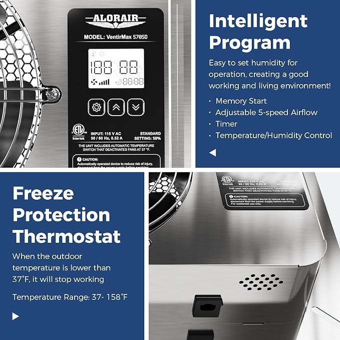 ALORAIR 570 CFM Crawlspace Ventilator Fan with Humidistat, Stainless Steel Exhaust Vent Fans with Digital Display, Timing Cycle, Freeze Protection Thermostat, for Basement, Garage, Attic, Grow Tent