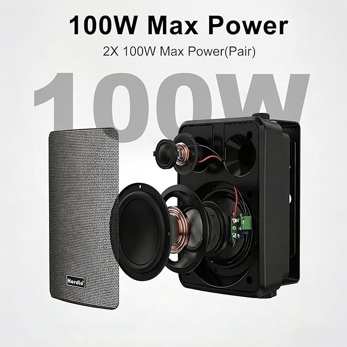 Herdio 4" 200W Outdoor Bluetooth Speakers, IPX5 Waterproof Rating and Be Able to Wireless Multi-Connection Up to 20 Units for Patio/Porch/Balcony (Black, 2-Pack)
