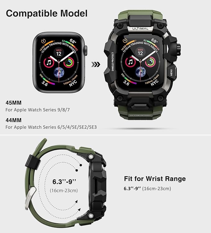 ULTIMAL Rugged Case with Band for Apple Watch 44mm,Compatible with Apple Watch Series SE 3/SE 2/SE Generation/6/5/4, Military Grade Shockproof Bumper Cover for iWatch Tactical Band Men (44mm,Grey)