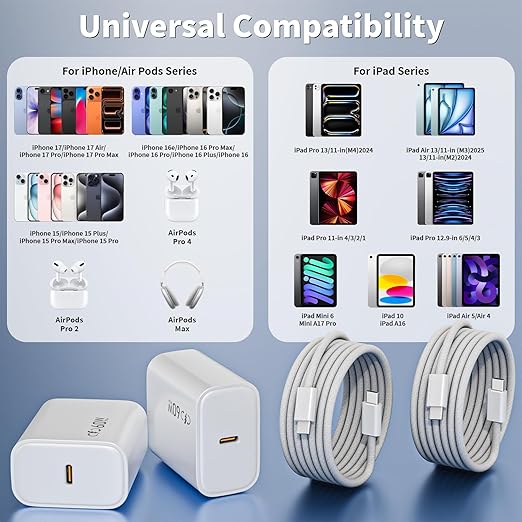 iPhone 17 16 15 Charger,2Pack 40W Dynamic Power Adapter with 60W Max,USB C Fast Charger Block 6FT Type C Woven Charging Cable Cord for iPhone 17 Pro Max/17 Pro/Air/17/16/16 Pro Max/15 Pro,iPad Pro/Air