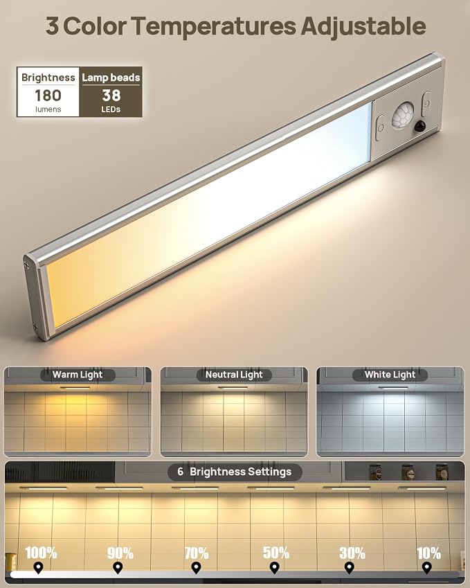 9inch Under Cabinet Lighting Wireless, Rechargeable Motion Sensor Indoor Light, 3 Color Temps & Dimmable Closet Lights with Remote, Magnetic Under Counter Light for Kitchen, Stairs, Wardrobe, 7 Pack