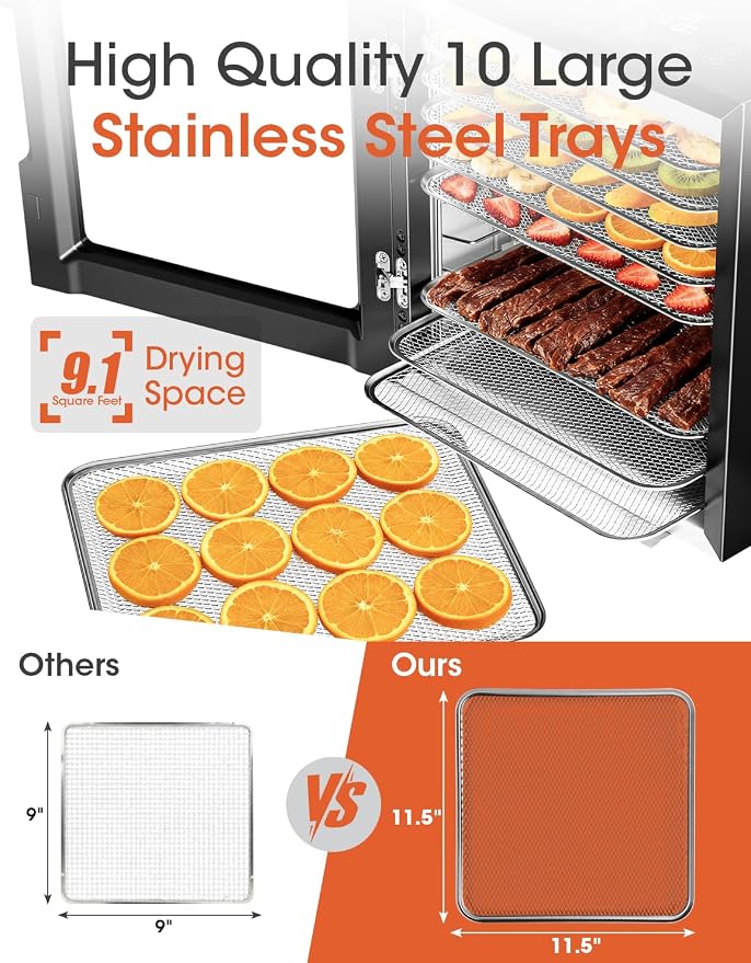 Manastin Food Dehydrator Machine, With Large 10 Stainless Steel Trays, 850W Dryer for Meat Jerky, Fruit Vegetable, 95-167℉ Dehydrated Dryer, 48H Timer,10 Presets, Overheating Protection (Black)