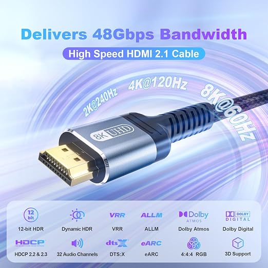 8K HDMI 2.1 Cable 6ft 48Gbps Ultra High Speed Braided Nylon HDMI Cord-8K@60Hz 4K@120Hz Compatible for Monitor/TV/PS5 4 3/Laptop/Xbox Series X/Projector/Blu-ray Players