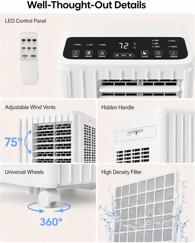 8,000 BTU Portable Air Conditioners, Cools Room Up to 350 Sq.Ft, 4-in-1 AC Unit with Dehumidifier & Fan Mode, Remote Control, Ultra-Quiet 50dB, White & Black, Easy Window Kit