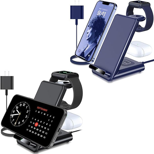 QKXC Wireless Charging Station Black+Deep Blue - Minimalist Multi-Device Charging Station for iPhone 12 Series, Apple Watch, AirPods/AirPods Pro - MagSafe Compatible