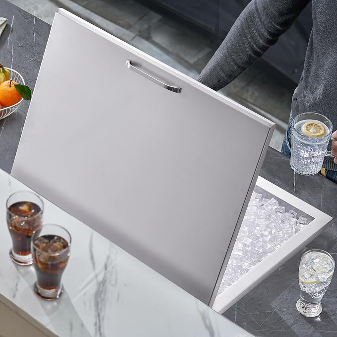 VEVOR Drop in Ice Chest, 28" L x 20" W x 17" H Stainless Steel Ice Cooler, Commercial Ice Bin with Hinged Cover, 114 qt Outdoor Kitchen Ice Bar, Drain-Pipe and Drain Plug Included, for Cold Wine Beer