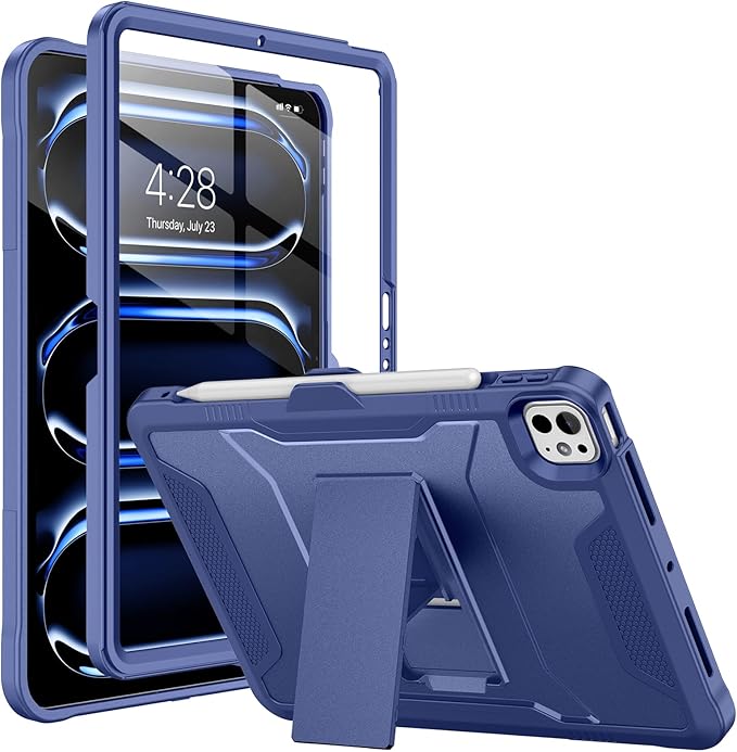 Soke Case for iPad Pro 11 Inch (M5) 2025/ (M4) 2024, with Built-in Screen Protector & Kickstand, Rugged Full Body Heavy Duty Protective Cover with Pencil Holder - Navy