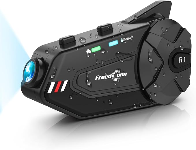 FreedConn Motorcycle Helmet Headset with Camera R1plus Bluetooth Intercom 1000M 6 Riders Waterproof Wireless FM Radio Communication Systems for Most Helmets