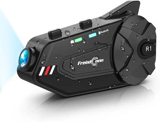 FreedConn Motorcycle Helmet Headset with Camera R1plus Bluetooth Intercom 1000M 6 Riders Waterproof Wireless FM Radio Communication Systems for Most Helmets