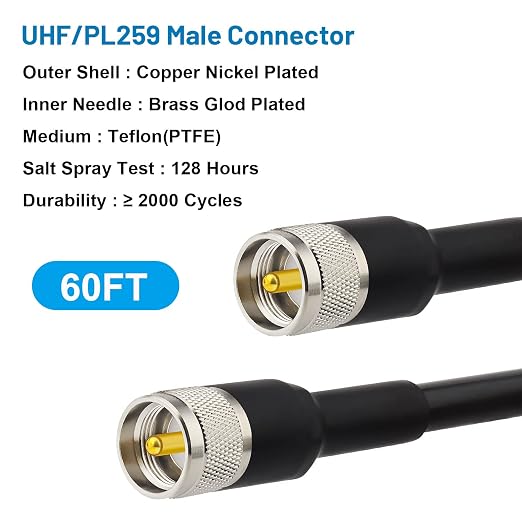 MOOKEERF UHF CB Coax Cable, 60FT KMR400 PL259 Coaxial Cable UHF Male to Male Coax Cable Low Loss UHF Cable for CB Radio,HAM Radio, VHF Radio, SWR Meter, Antenna Analyzer