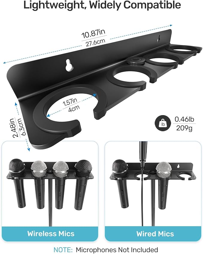 Multi Mic Holder with Mic Stand, Aluminum Desktop Microphone Holder Stand with Rubber Padding, Wall Mounted or Mount on Stand, Handheld Mics Storage for Podium, Stage, Church and Home Studio