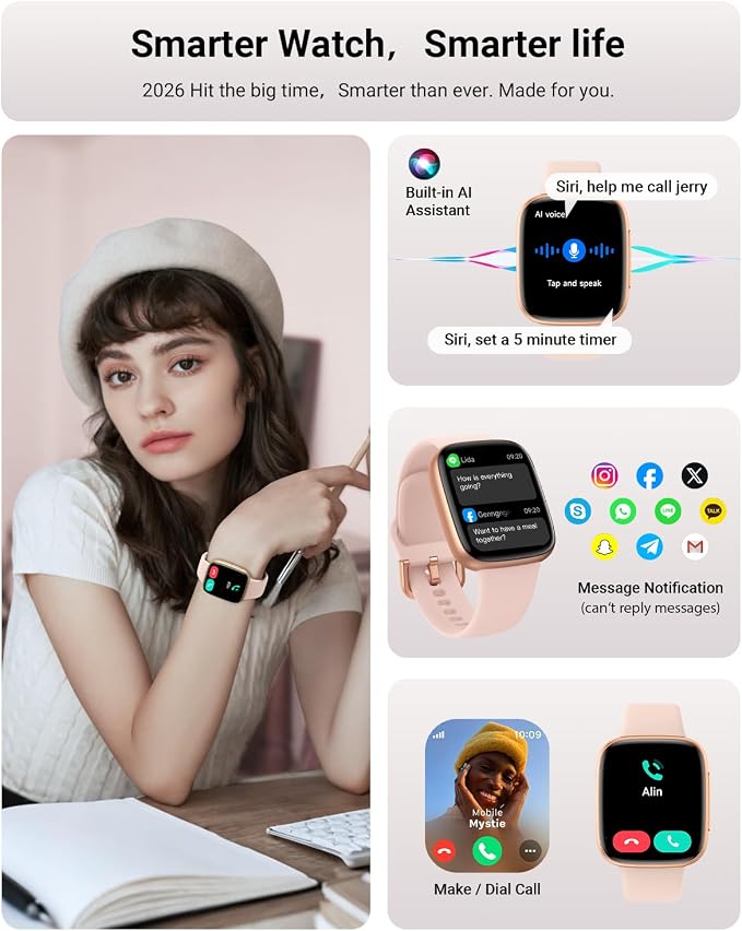 Gydom Smart Watch for Men/Women, 1.85" AMOLED Screen Fitness Watch for iPhone/Android, Activity Tracker with Heart Rate/Sleep/SpO2, Answer/Make Call, 3ATM Waterproof, 120+ Sport Modes, AI Voice, Pink