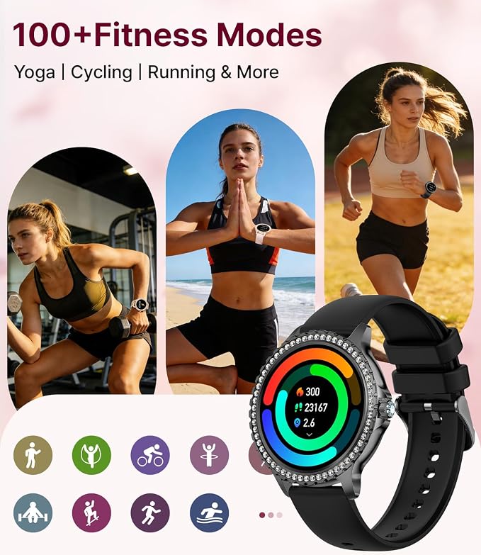 LIGE Smart Watches Women,1.32" HD Diamonds Smart Watch for Android iOS,Bluetooth Call,120+ Sport Modes,Health Tracker,Customized dials,2 Interchangeable Straps