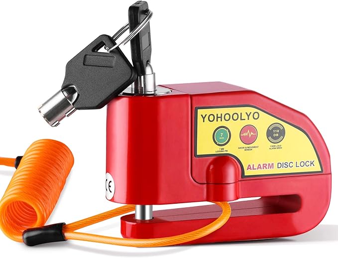 YOHOOLYO Alarm Disc Lock Motorcycle Disc Brake Lock Anti-Theft Waterproof 110 dB 7mm Pin 5ft Reminder Cable for Motorcycles Bike Scooter Carry Pouch (Red)
