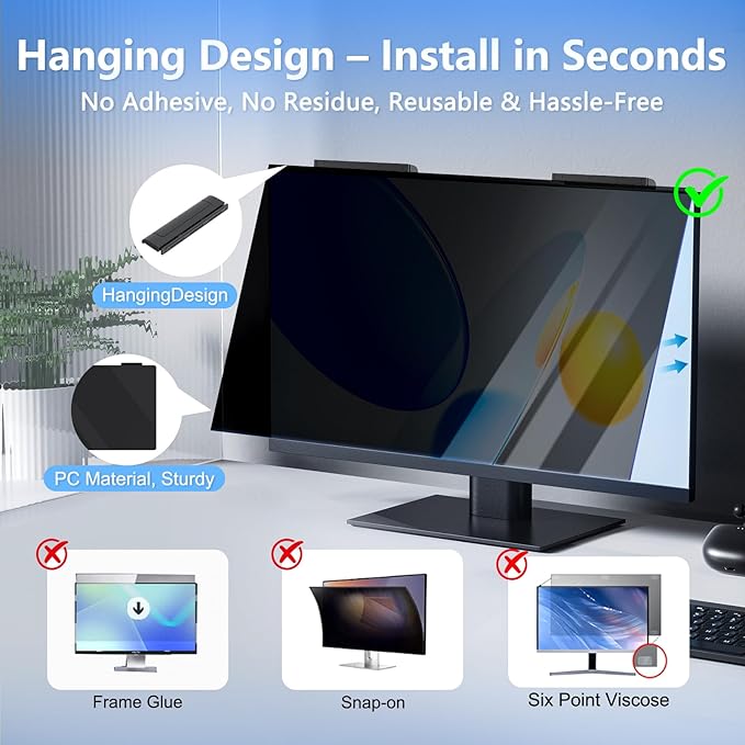 [2-Pack] Hanging 27 Inch Privacy Screen for Computer Monitor Privacy Filter for 16:9 Aspect Ratio, Anti Spy Anti Glare Blue Light, No Adhesive Easy Install Hanging Privacy Screen 27 inch