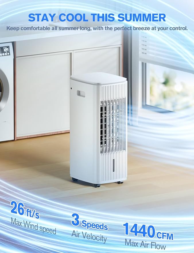 Portable Air Conditioners, 3-IN-1 Evaporative Air Cooler w/ 4 Ice Packs, 3L Water Tank for Cooing, 7H Timer for Auto-Off, Swamp Coolers with 70° Oscillation, White-9