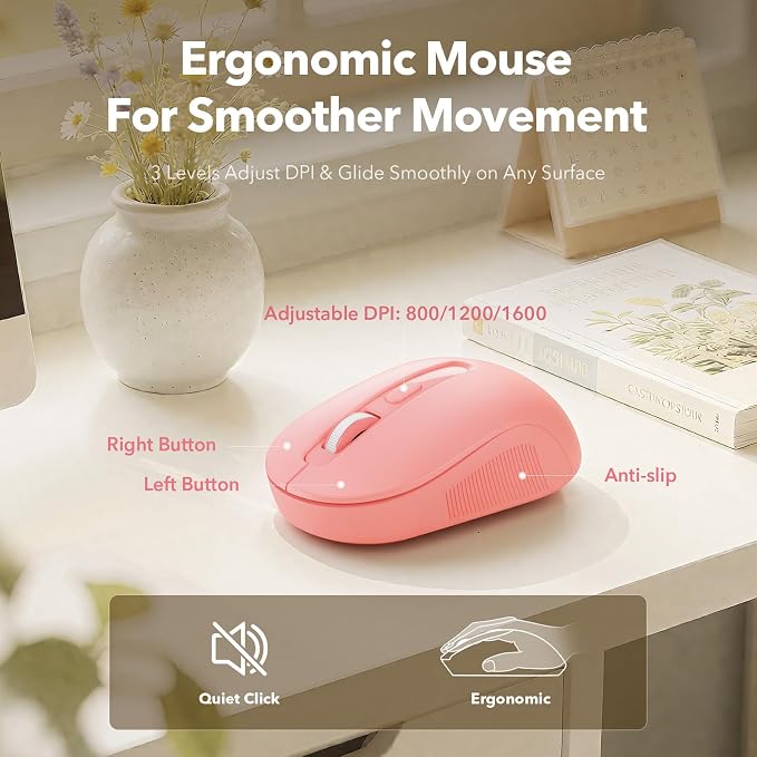 Wireless Keyboard and Mouse Combo, Cute Full-Size Retro Typewriter Keyboard with Round Keycaps, Magnetic Wrist Rest, Tilt Legs, 2.4GHz Cordless for Mac, Windows PC, Laptop, SABLUTE CK23, Baby Pink