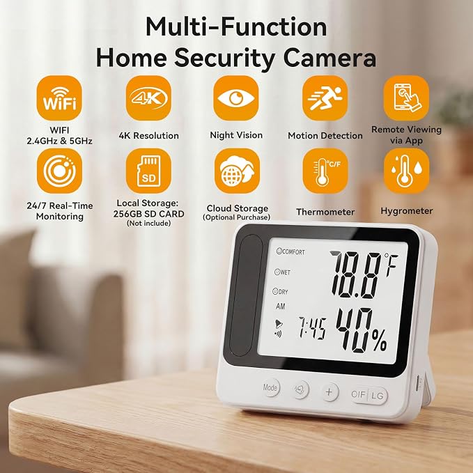 Hidden Camera Thermometer Hygrometer, 4K Discreet Nanny Camera - WiFi Remote View, Night Vision, Motion Detection,3-in-1 Wireless Spy Camera for Home/Office/Pet (White)