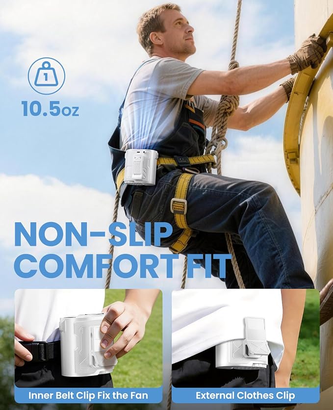 Portable Waist Fan with Ice Cooling, 4-in-1 Clip-On Fan for Car/Shirt/Belt, 16000RPM Strong Airflow, 12H Runtime, 100 Speed Settings, Wearable Fan for Outdoor Work Camping Travel White
