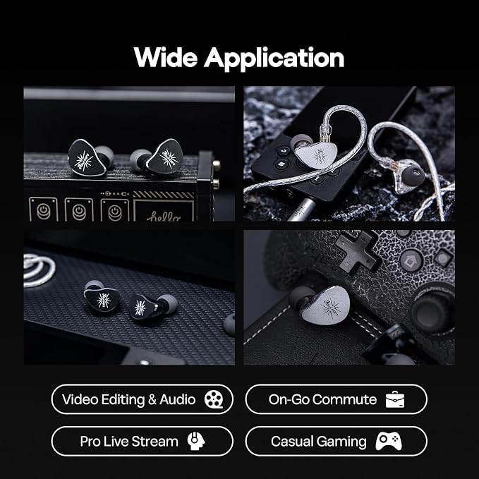 Linsoul Kiwi Ears Belle 10mm DLC Dynamic Driver in-Ear Monitor, HiFi Wired Earbuds with Dual Silver-Plated Cables, Professional IEM for Stage Performance/Gaming/Music Production (Without MIC, Black)
