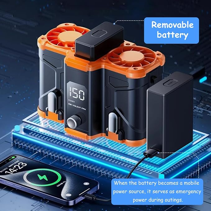 Detachable Battery 150-Level Waist Fan Super Strong Wind | USB Charging & Reverse Charging Hiking Commute/School Lighting Hands-Free Quiet Operation