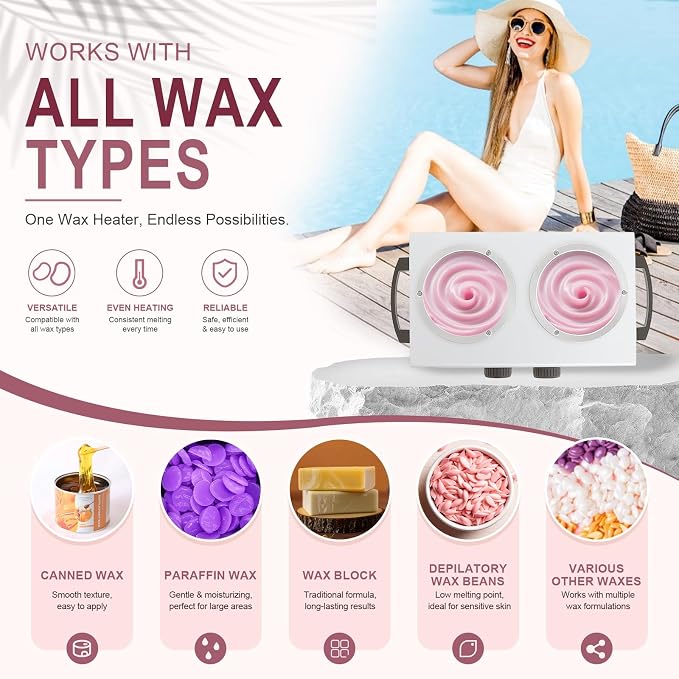 Wax Warmer Double Pot, Professional Electric Heater for Facial, Body, Spa, and Salon, 1.2L Dual Adjustable Temperature with 100 Wooden Craft Sticks, Hair Removal
