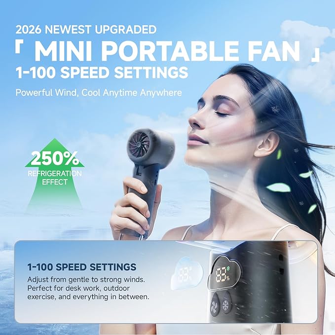 Portable Handheld Mini Turbo Fan, [100 Speeds & 15000RPM Coldest Turbo Hand Fan] 24h Max Cooling, Rechargeable Mini Pocket Fan, LED Display Collapsible Personal Fan for Travel, Office (Grey)