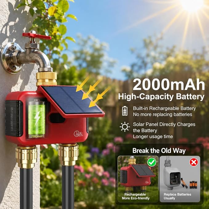 2 Zone WiFi Smart Sprinkler Timer for Garden Hose, Solar Rechargeable Water Timer with Dual Outlet, Brass Inlet & Outlet, No Hub Required, Smart Life App, Alexa & Google Assistant Compatible
