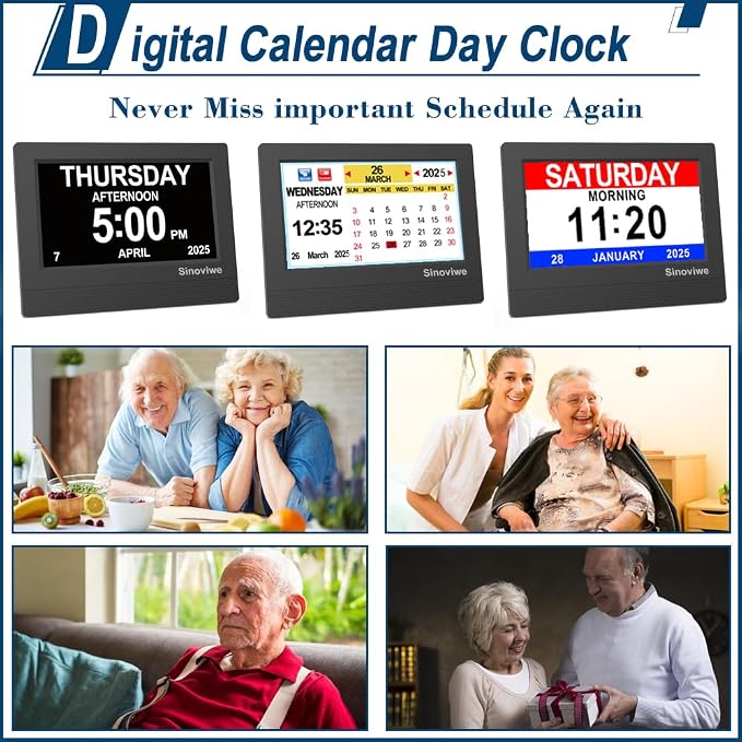 Digital Alarm Clock 7" HD Large Screen Digital Calendar with Auto-Dimming, Clear Day/Date Display for Alzheimer's Dementia Seniors & Low Vision with Remote Control and Custom Reminder Function(Black)