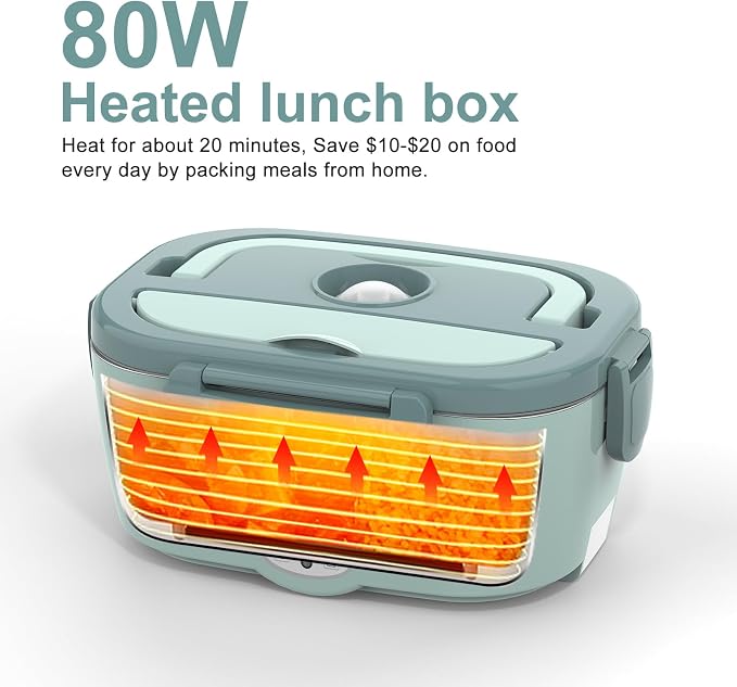 WisaKey Electric Lunch Box Food Heater, 80W Heated Lunch Box for Adults, 12V 24V 110V Portable Food Warmer LunchBox for Car Truck Work with Container, Carry Bag Gifts Fathers Day for Dad Husband Men