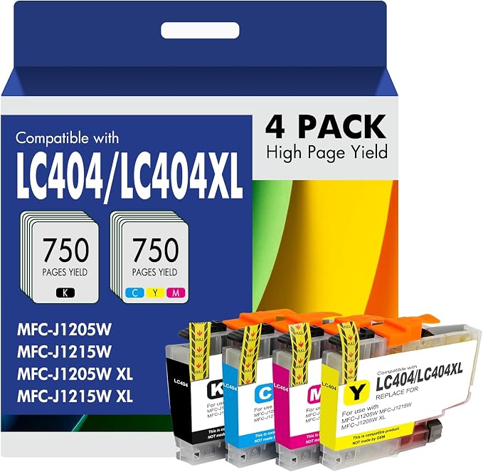 LC404 MFC-J1205W LC404XL Ink Cartridges for Brother Printer 404XL LC 404 XL for MFC-J1205W MFC-J1215W MFC J1205W J1215W - 4 Pack High Yields Black Cyan Magenta Yellow