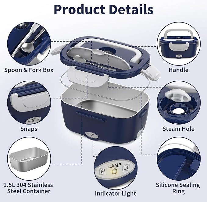 Vingud Electric Lunch Box Food Heater, 3 in 1 Heating Lunch Box for Work/Car/Truck, Heated Lunch Boxes for Adults with 1.5L Stainless Steel Container, 12V 24V 110V (Blue + White)
