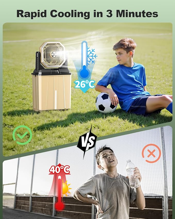 Portable Misting Fan, 24000mAh Camping Fan with 8L Bucket, 12Hrs Mist Rechargeable Fans, 60‌Hrs Cooling Battery Powered Fans with 2 Spray Modes, 3 Winds, 68LED Lights for Outdoor Garden, Worksites
