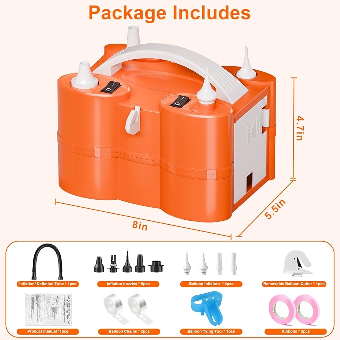 FLSEPAMB Electric Balloon Pump, 3-in-1 Portable Electric Air Balloon Blower Machine Balloon Pump 2 Motor Dual Nozzle Balloon Inflator for Latex 260Q Long Foil Balloons Swimming Rings Air Beds