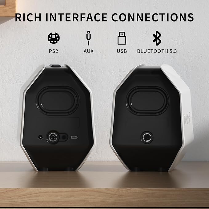 Computer Speakers for Desktop PC, Gaming PC Speakers for Desktop – USB-C, Bluetooth 5.3, 3.5mm AUX, AC Powered External Audio with Rich Stereo bass, Laptop/Mac, RGB Lights, White, 30W