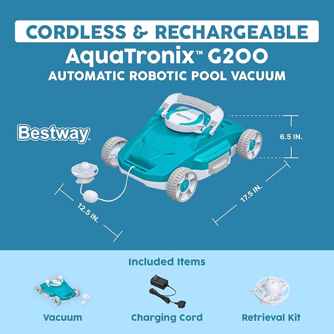 Bestway AquaTronix G200 Automatic Robotic Pool Cleaner, Cordless Pool Vacuum Robot, Ideal for Flat-Bottom Inground and Above Ground Swimming Pools, 90-Min Runtime, Cleans Pool Floor