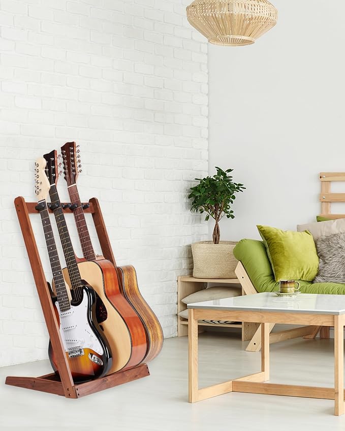 Multi Guitar Stand, Black Walnut Wood Multiple Guitar Stand for 2 Acoustic, 3 Electric or 3 Bass, Hardwood Instrument Rack for Men, Wooden Floor Acoustic Rack for Home Decor, Studio Display