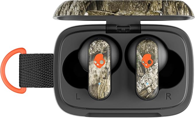Skullcandy Dime 3 Wireless Earbuds, Bluetooth Headphones, Noise Isolating Fit, Up to 20 Hours Battery, Microphone for iPhone Android, Easy Carry with Integrated Lanyard - Realtree APX Black/Orange