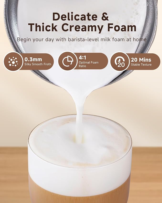 IPX6 Waterproof Milk Frother, Electric 4-in-1 Latte Maker | 80s Foam & 220s Heat | One-Touch Hot/Cold Foam for Cappuccino, Coffee | Easy Clean Milk Steamer for Home & Office Grey