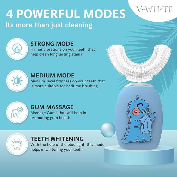 V-WHITE Kids Auto Brush Ultrasonic U-Shaped Toothbrush – 360° Teeth Cleaning, Hands-Free Electric Autobrush for Kids – Gum Protection, Waterproof IPX7, Wireless Charging (Blue)
