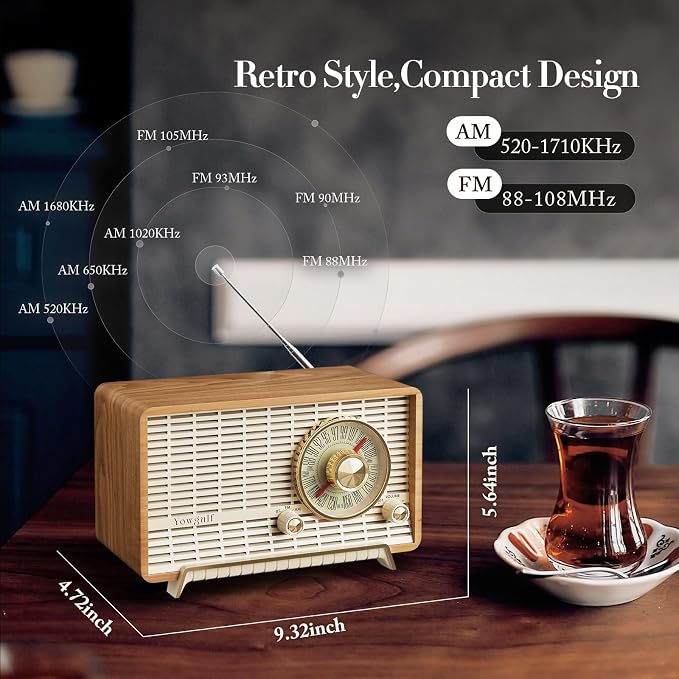 YOWGULF AM FM Radio Classic Retro Wood Table Radio Bluetooth Speakers Radios Plug-in Wall with Rotary Knob Great for Home, Office