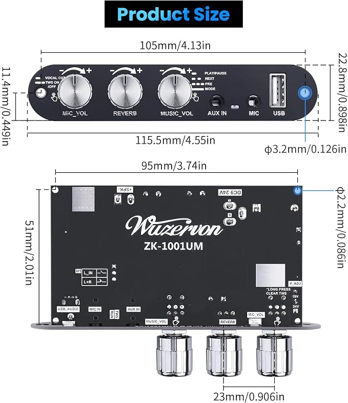 Bluetooth5.3 Mini Amplifier Board 100W Mono Power Amp with TWS Box, Karaoke Audio Amps Module with Boost for Home/Outdoor DIY Speakers, DC 9-24V, MIC and Reverb, Supports BT/USB/AUX Inputs